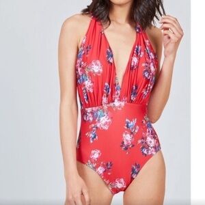 MODCLOTH NWOT Lauren Plunge Crisscross Floral Red Beach One Piece Swimsuit SZ 1X